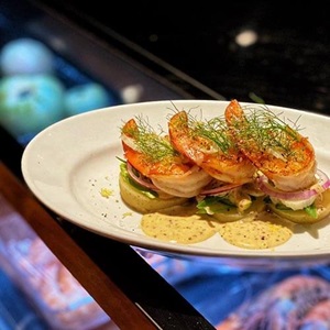 Seared MSC Certified Spencer Gulf King Prawns, Green Vegetables, Lemon Mustard Dressing