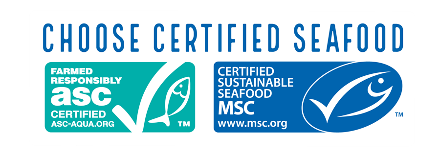 Choose certified seafood with the green ASC and blue MSC labels
