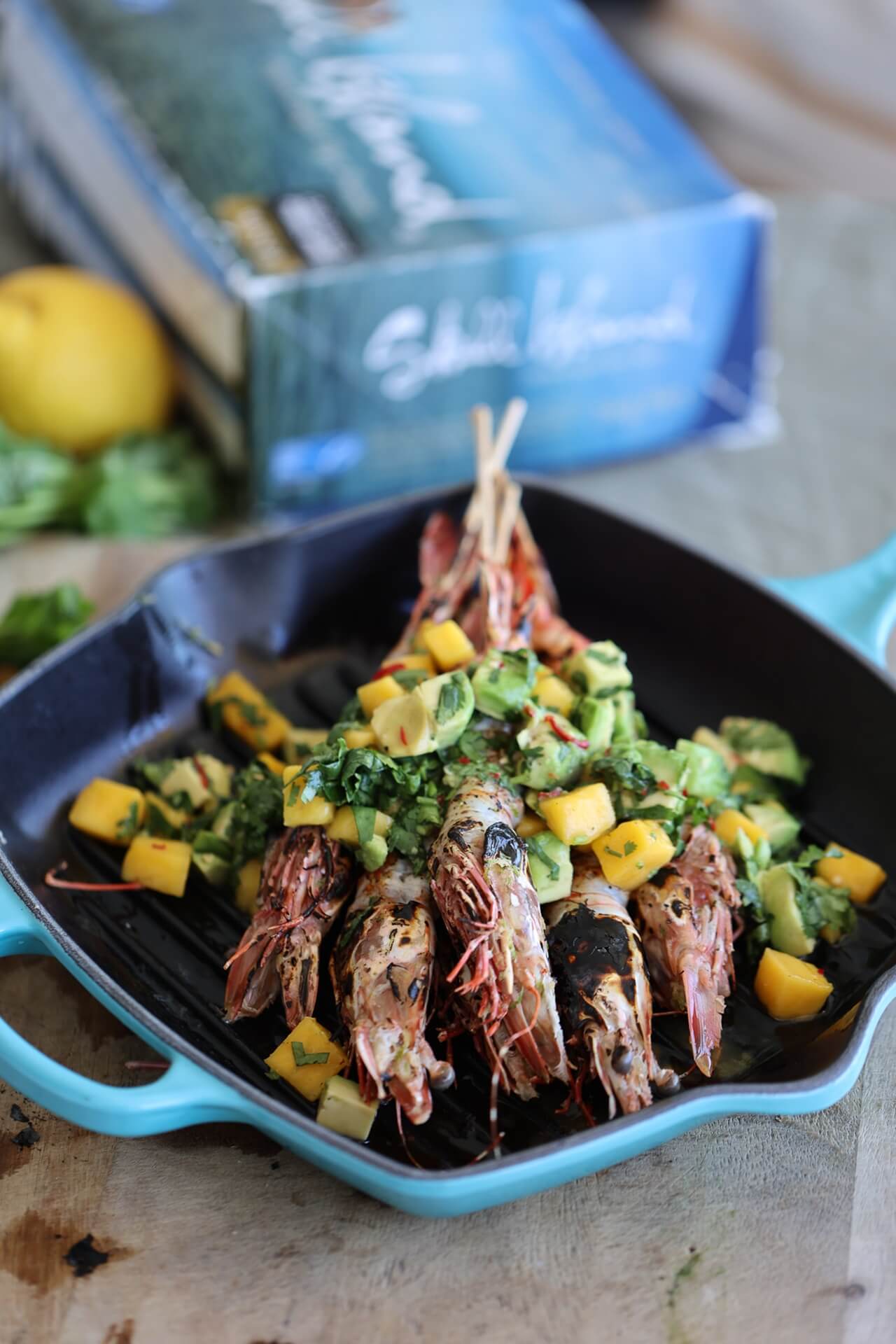 Coconut & ginger marinated prawns with sweet and sour mango salsa