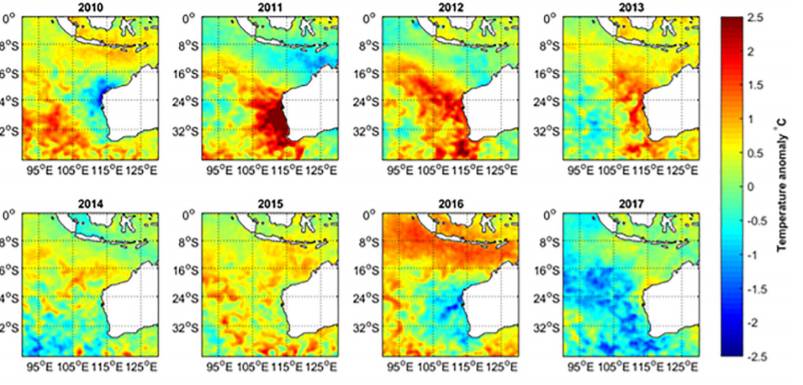 Feb to March average sea surface temperature anomalies 2010-2017