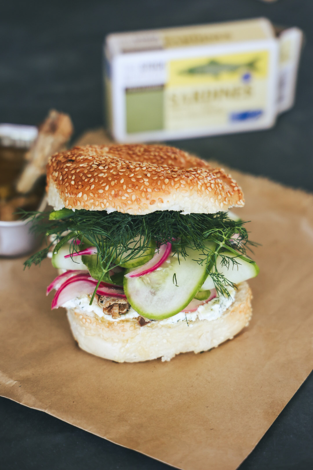 Fresh sardine bagel with pickled veg and cream cheese
