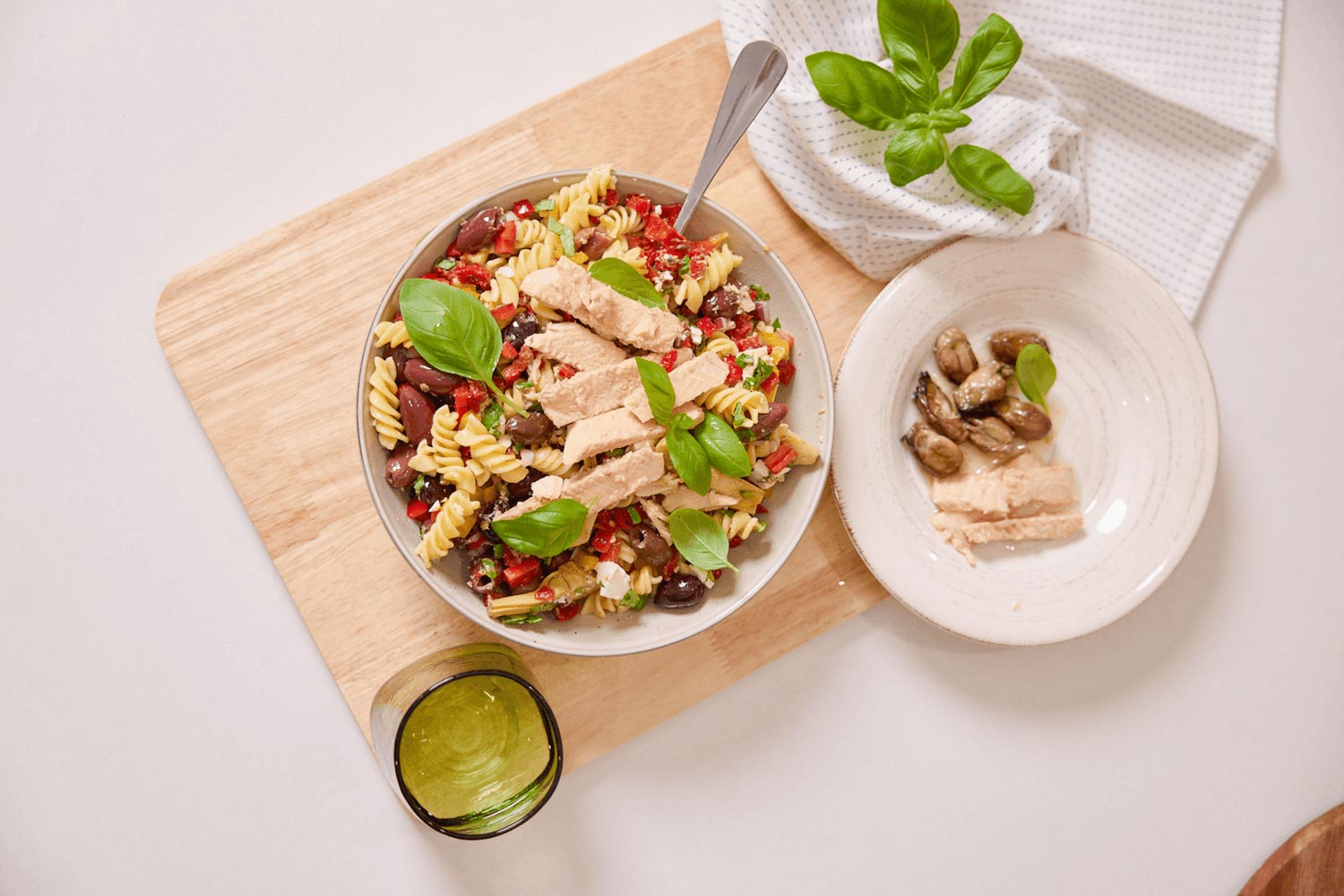 Greek pasta salad with smoked salmon and feta
