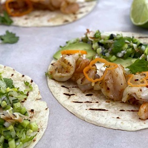 Chilli and Lime Prawn Tacos with Coconut and Cucumber Salsa