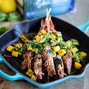 Coconut & ginger marinated prawns with sweet and sour mango salsa