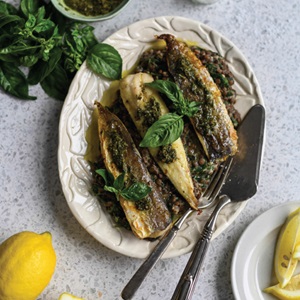 Grilled hake with herbed lentils