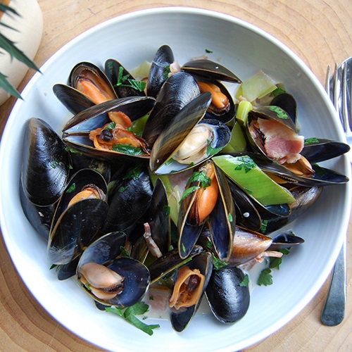 Scottish Mussels with Cider, Leek and Bacon