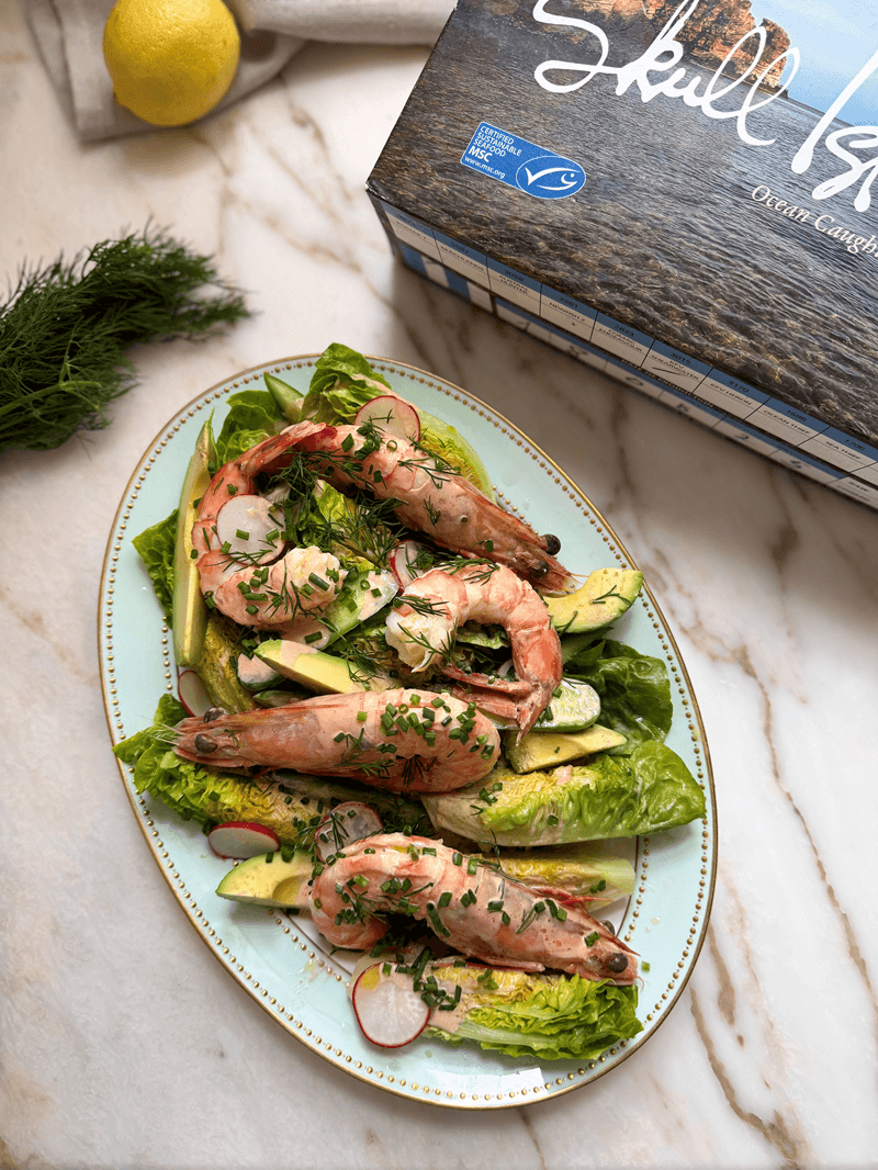Skull Island Tiger Prawns cooked with box in shot