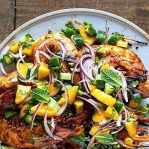 Spiced BBQ King Prawns with Mango Salsa