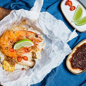 Wild king prawns with XO butter and lime