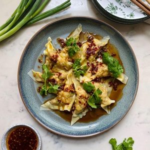 Wild prawn dumplings with chilli oil dressing