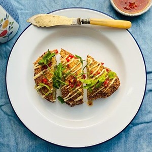 Wild prawn sourdough toasts with ginger dressing