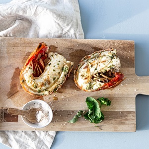 Wild sustainable BBQ rock lobster with salsa verde butter