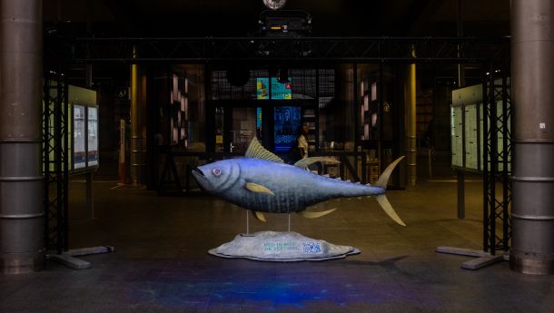 levensgrote geelvintonijn van papier marché op station Antwerpen Centraal