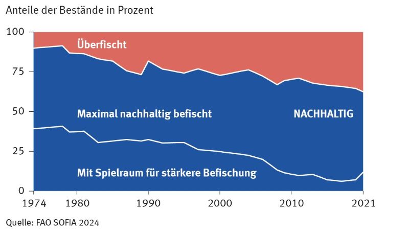 Grafik zur Entwicklung des Zustands der kommerziell genutzten Fischbestände bis 2021