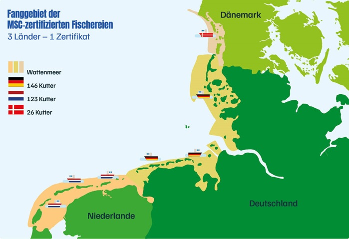 Wattenmeer_Karte_Fanggebiet DE, NL, DN_2026 Map of country-specific brown shrimp fishing areas in the Waddensea