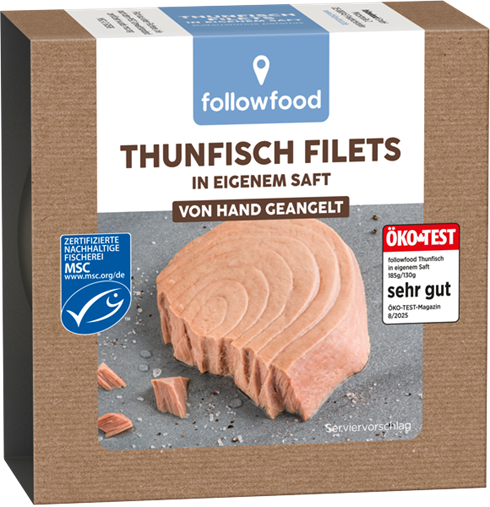 Produktfoto der Thunfischfilets in eigenem Saft der Marke followfood
