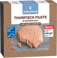 Produktfoto der Thunfischfilets in eigenem Saft der Marke followfood - link