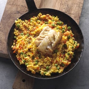 Gerösteter Alaska-Seelachs mit Paellareis