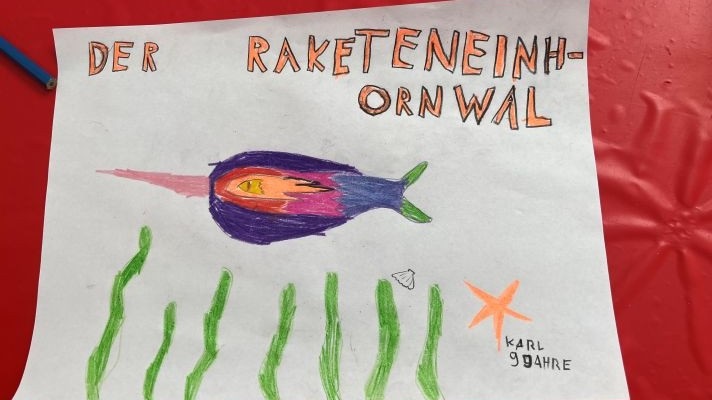 Zeichnung eines Raketeneinhorwals im Rahmen des MSC Malwettbewerbs 2025