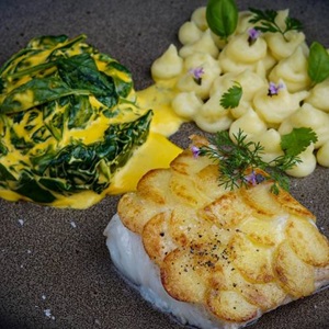 Überbackener Kabeljau mit Kartoffelschuppen, Spinat und Kartoffelpüree