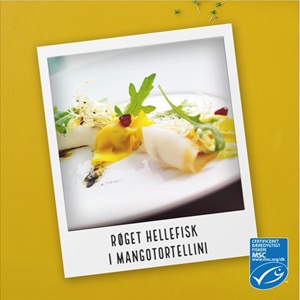 Røget hellefisk i mangotortellini med granatæble og sprøde salater