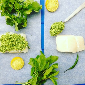Cabillaud à la menthe, noix de coco et coriandre