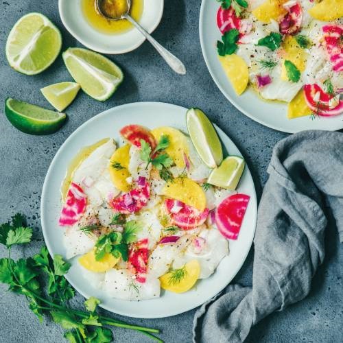 Carpaccio de cabillaud aux deux betteraves