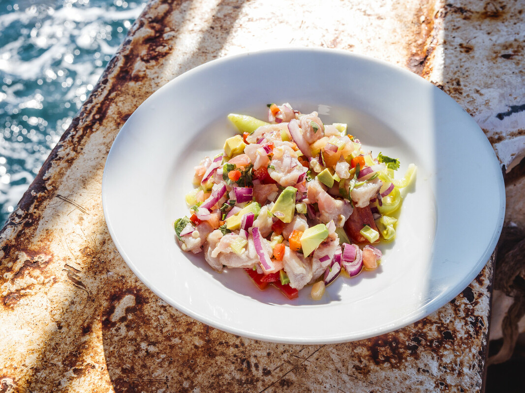A plate of jack mackerel ceviche with avocado, red onion, and tomatoes