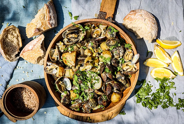 MSC clams with elderflower & new potatoes