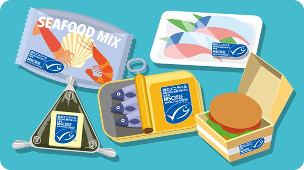 MSC「海のエコラベル」が付いた製品のイラスト MSC「海のエコラベル」が付いた様々な製品のイラスト