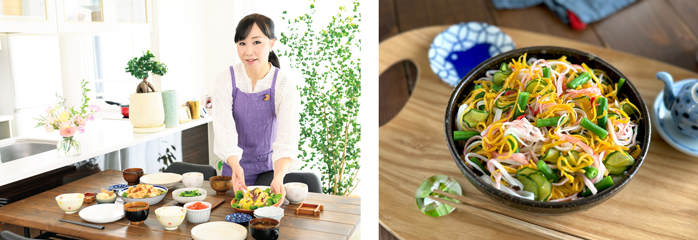 料理家ちおりさんと、ちおりさん考案の「MSC認証のカニかまのちらし寿司」