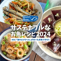 「サステナブルなお魚レシピ 2024」のロゴと、3つのレシピの写真