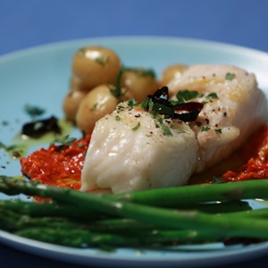 Basque-style Hake with Garlic and Sauce Romesco