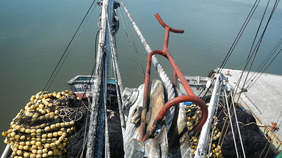 Metal bird deterrent "El venadito" on front of fishing boat