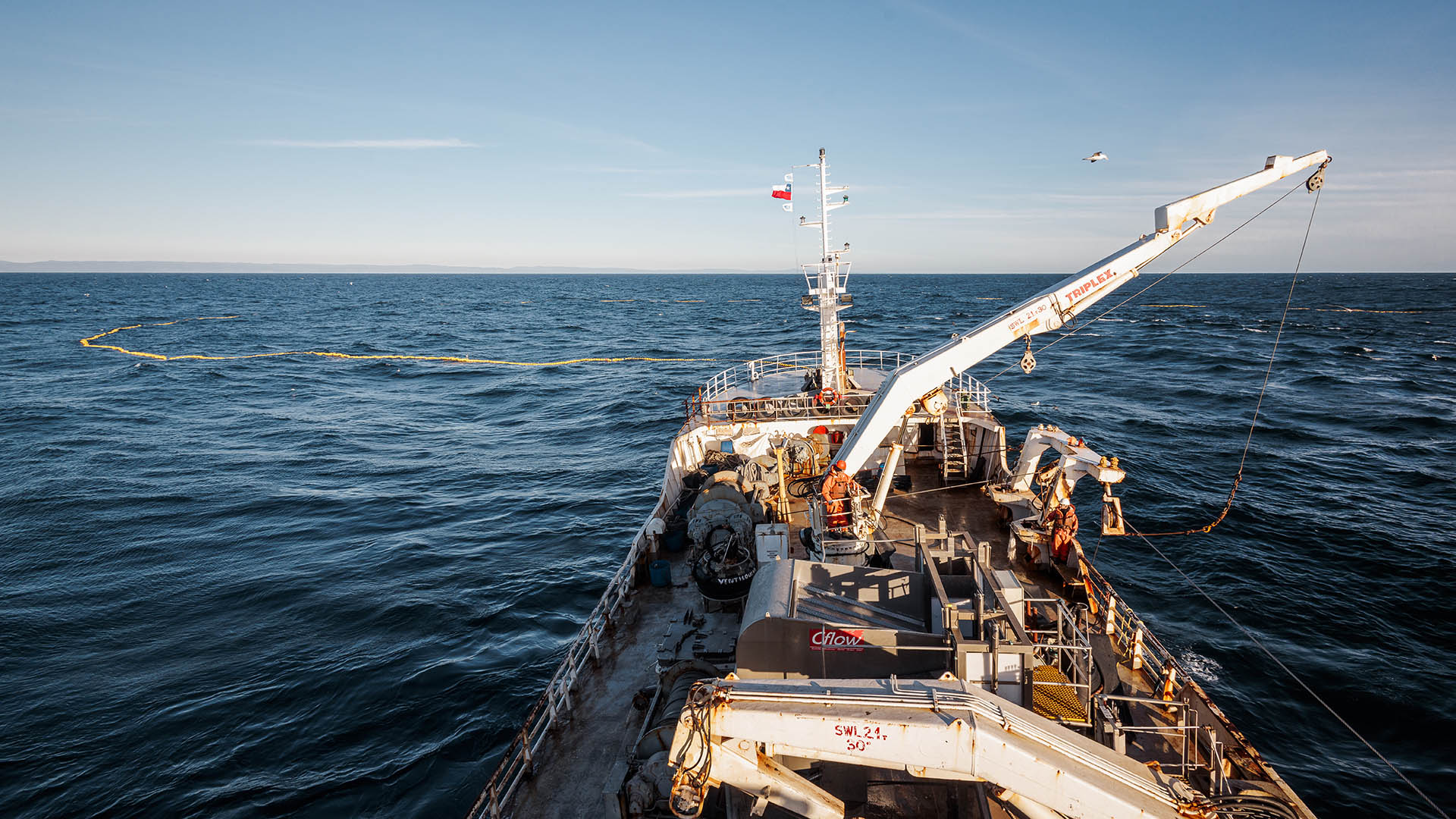 Large fishing vessel on water with purse seine net cast on surface