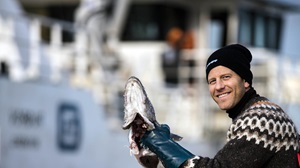 Fisherman in wooly jumper and hat, holding freshly caught whitefish