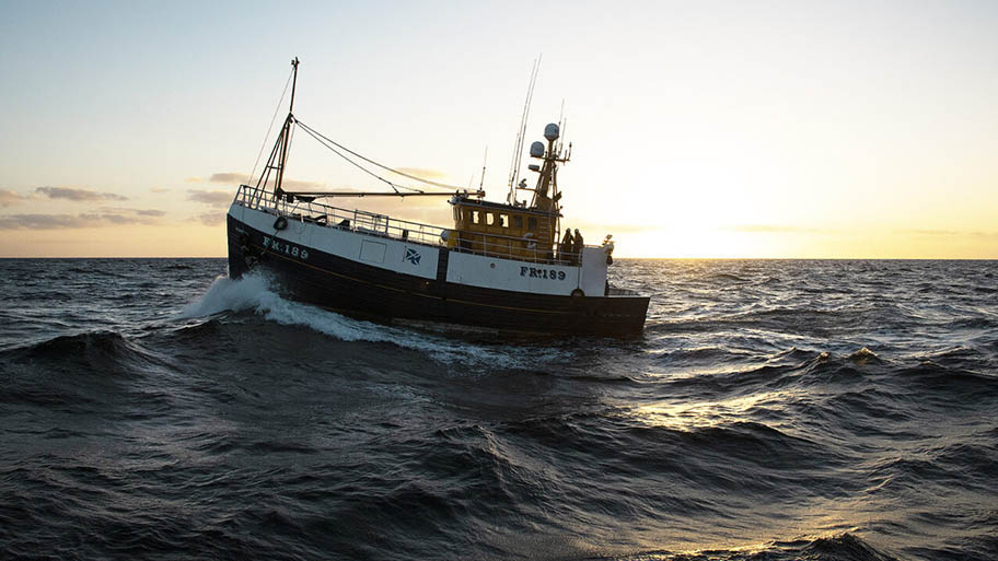 Trawler fishing vessel on waves at sunset