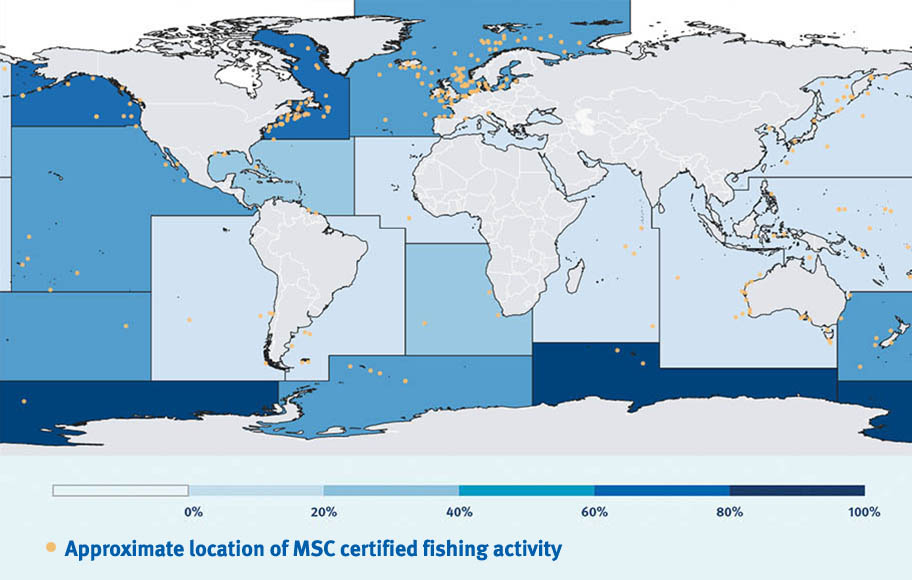 World map showing proportion of MSC certified wild fish catch, with key
