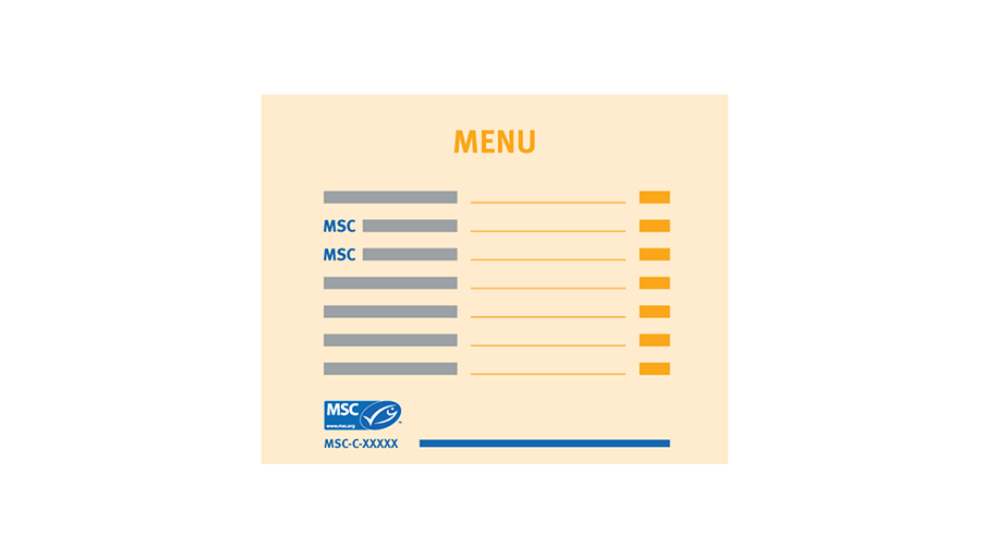 Example of menu with the initials 'MSC' identifying MSC certified dishes and MSC label as a key
