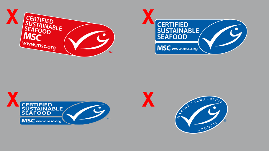 Four examples of the incorrect use of the MSC label on grey coloured background