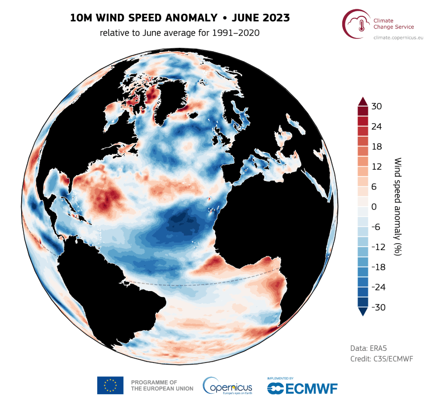 Animation showing both the surface (10m) wind speed anomaly (%) and sea surface temperature anomaly (°C) for the month of June 2023, relative to the 1991-2020 reference period