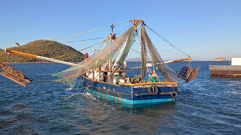 Trawling boat seen from behind with nets stretched out on either side and mountain on the horizon