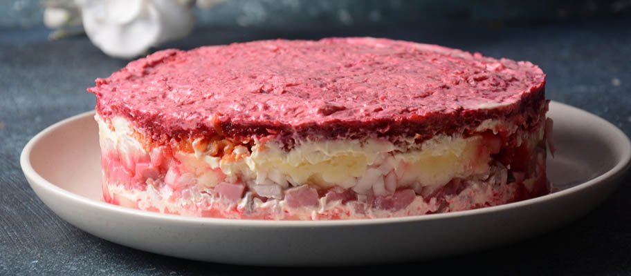 Herring salad dish close-up