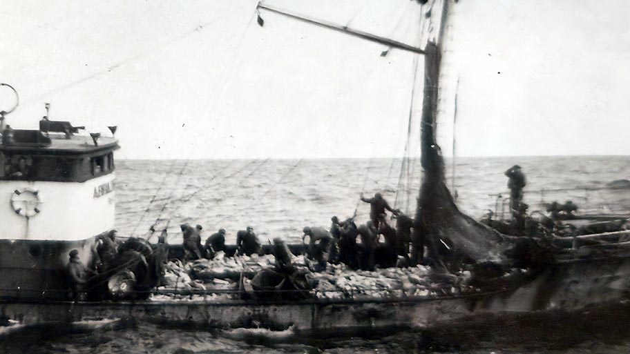 Old black and white image of large trawler boat on sea