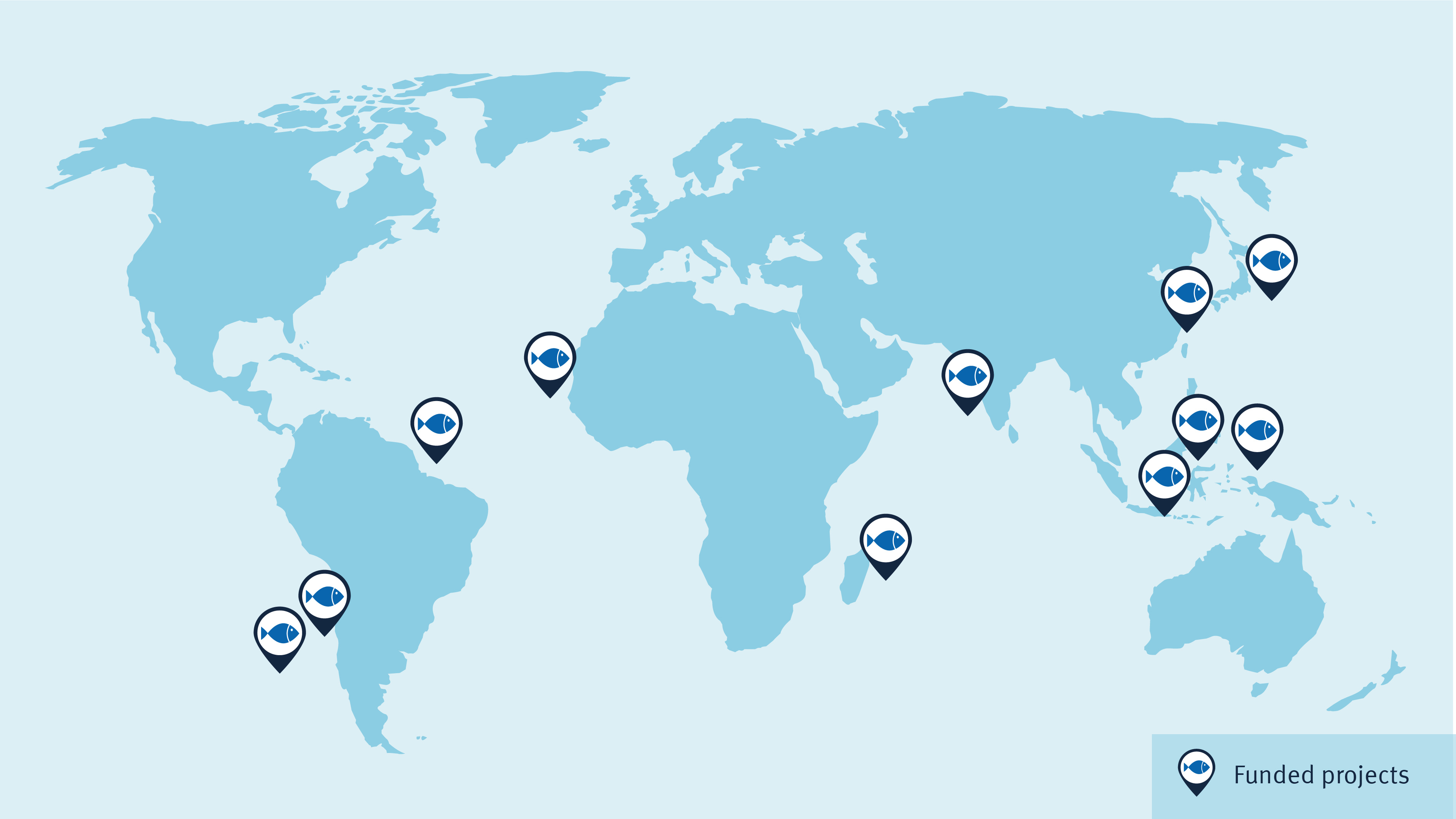 A map showing the locations of the eleven funded projects around the world. Six projects are in Asia, two in Africa and three in South America. 