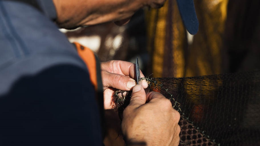 Close-up of Iberian sardine fisher repairing net