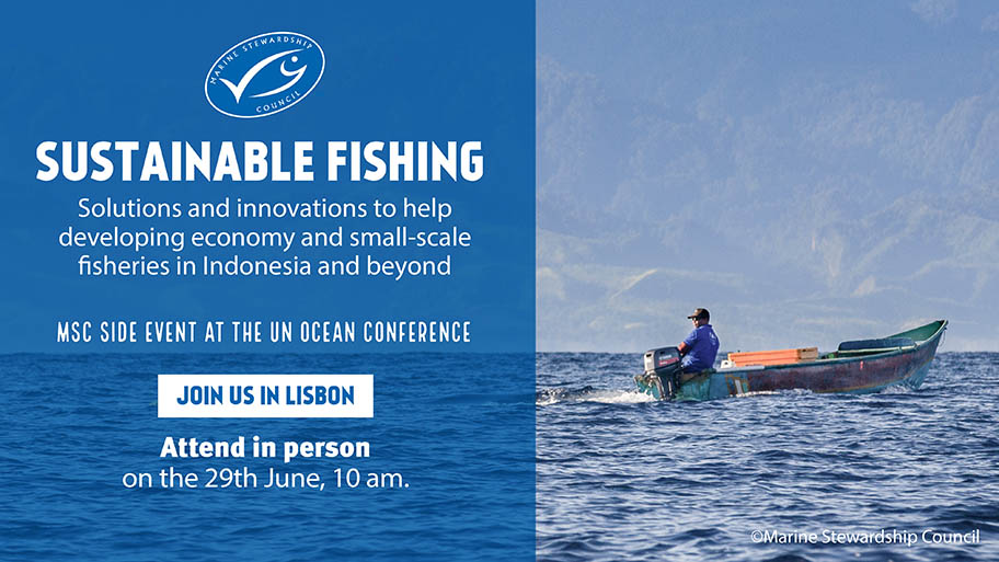 Image of group of fishers holding fish and smiling. Text on image: Sustainable fishing: solutions and innovations to help developing economy and small-scale fisheries in Indonesia and beyond