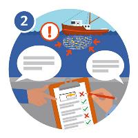 Illustration of a boat surrounded by fish and an exclaimation mark and hands pointing to a clipboard