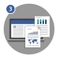 Illustration of a computer, graphs, maps and charts