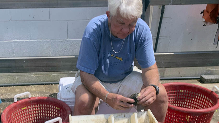 Man in T-shirt sitting holding clam in front of measuring device